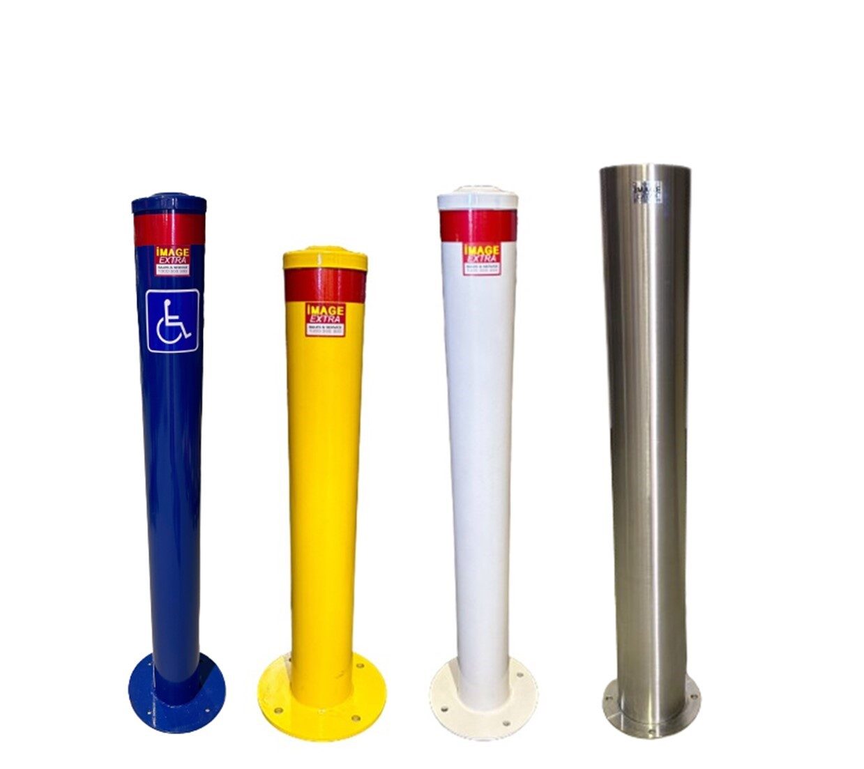 Surface mounted bollards: Blue bollard with handicap sign, yellow, white, and stainless steel bollards. Concrete surface mount bollard options.