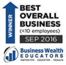 Default Footer Include: Best Overall Business Award (under 10 employees) for September 2016. Business Wealth Educators logo.
