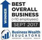 Default Footer Include: Business Wealth Educators, Best Overall Business winner, Sept 2017, for companies with fewer than 10 employees.