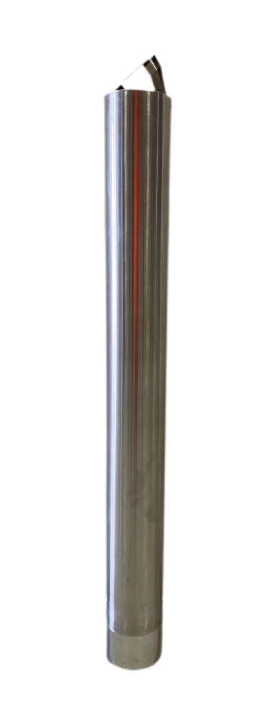 Dugite 168mm x 1500mm Inground Stainless Steel (316) Bollard. Polished metal bollard, cylindrical, with a slightly angled top, isolated on white.