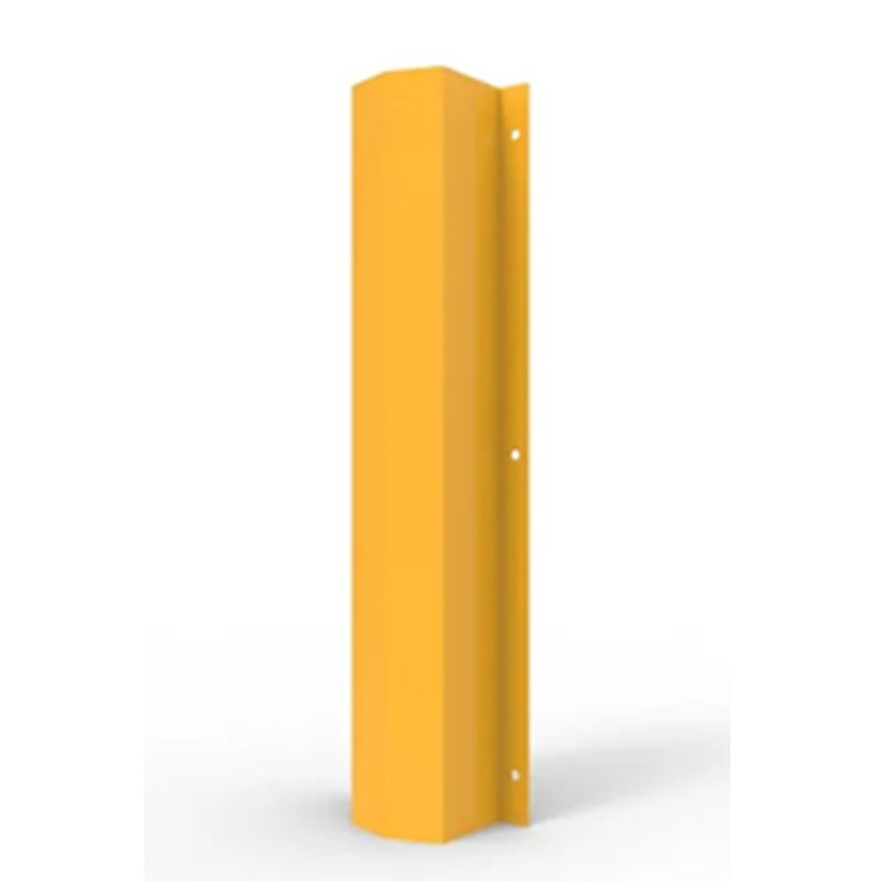 Yellow steel column protector. Corner guard for warehouse safety. Industrial column protection to prevent damage from forklifts and equipment.