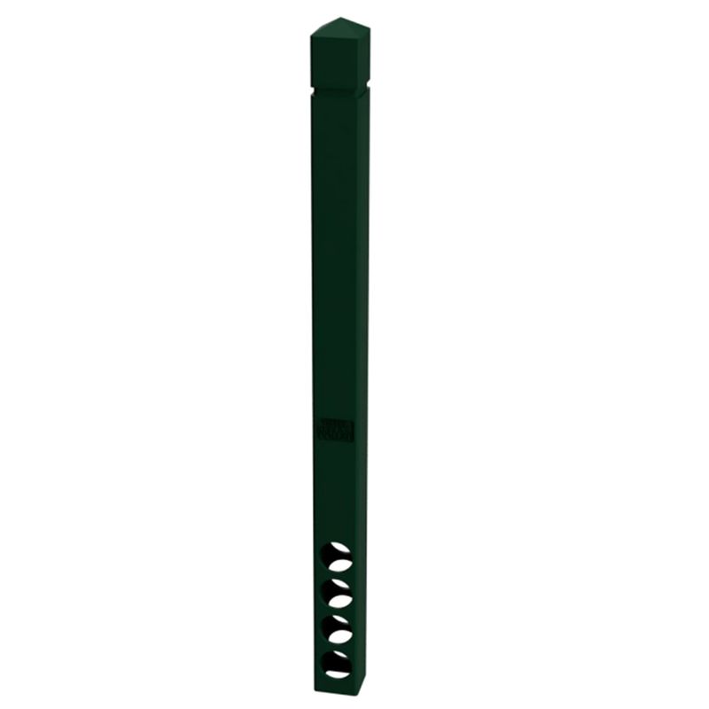 bo100b Non Conductive Bollard 100mm Square 4 Green vinyl fence post with decorative holes near the bottom and a pyramid-shaped cap on top, isolated on a white background.