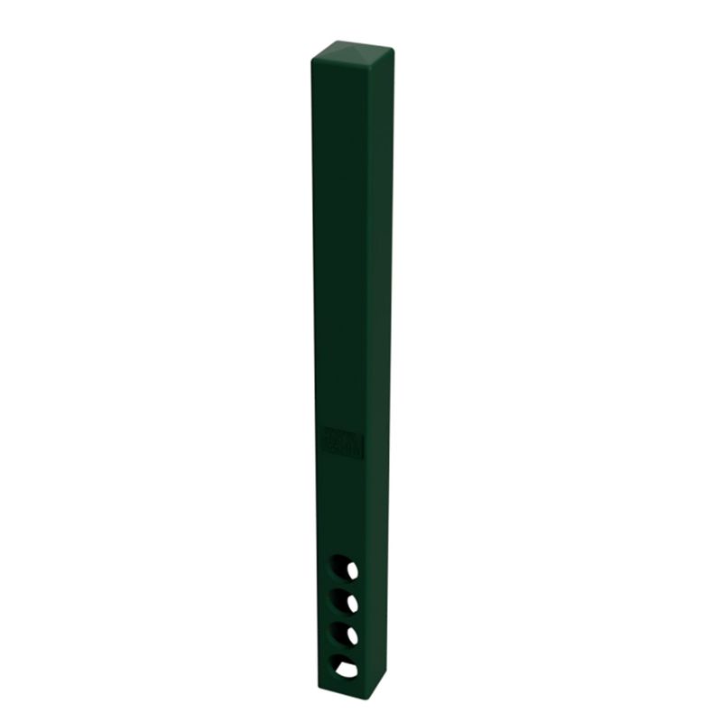 bo125 Non Conductive Bollard 125mm Square 5 Green square fence post with four holes near the bottom, used for fence installation and support. Durable fencing material.