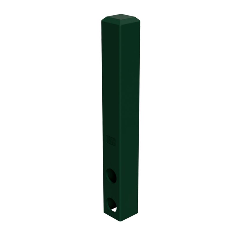 bo200 Non Conductive Bollard 200mm square 3 Dark green square metal bollard post with two holes near the base, angled view. Safety and security equipment for traffic and pedestrian control.