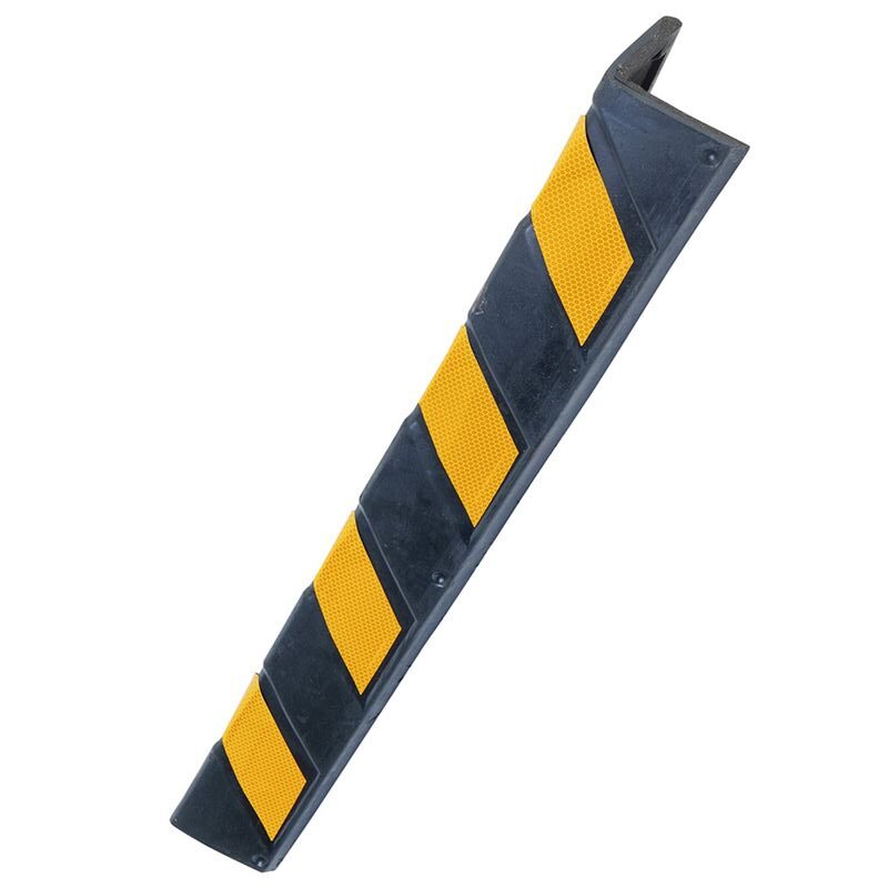 Corner guard with black and yellow stripes. Rubber corner protector for safety. Industrial safety equipment. Wall corner protection.