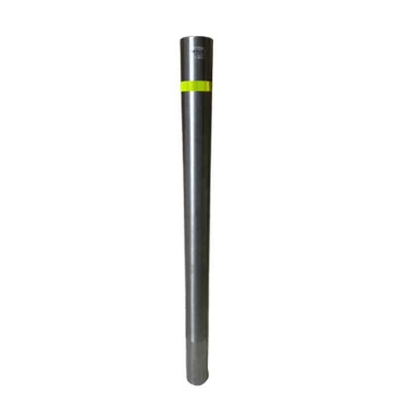 Stainless steel bollard with a reflective yellow band near the top. Security and traffic control barrier post.