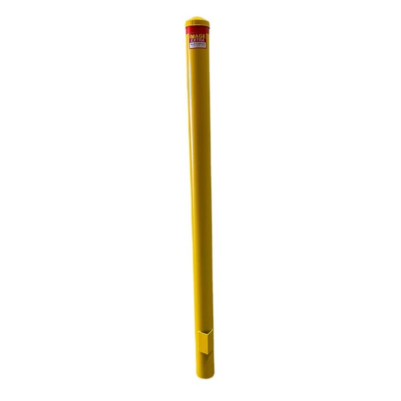 Yellow removable bollard. Steel pipe with a bright yellow finish. Security post for traffic control and parking management.