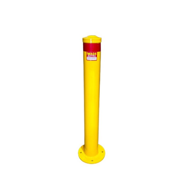 Yellow safety bollard with red cap and base plate, used for traffic control and pedestrian safety. Protective barrier post.