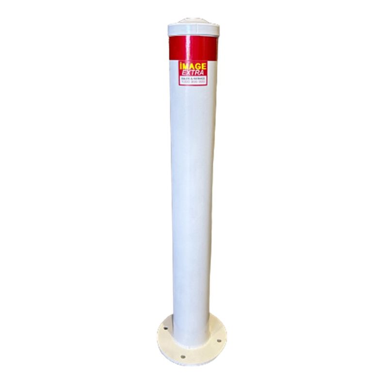 White bollard post with red top. Safety bollard for traffic control and pedestrian safety. Removable bollard with base plate for easy installation.