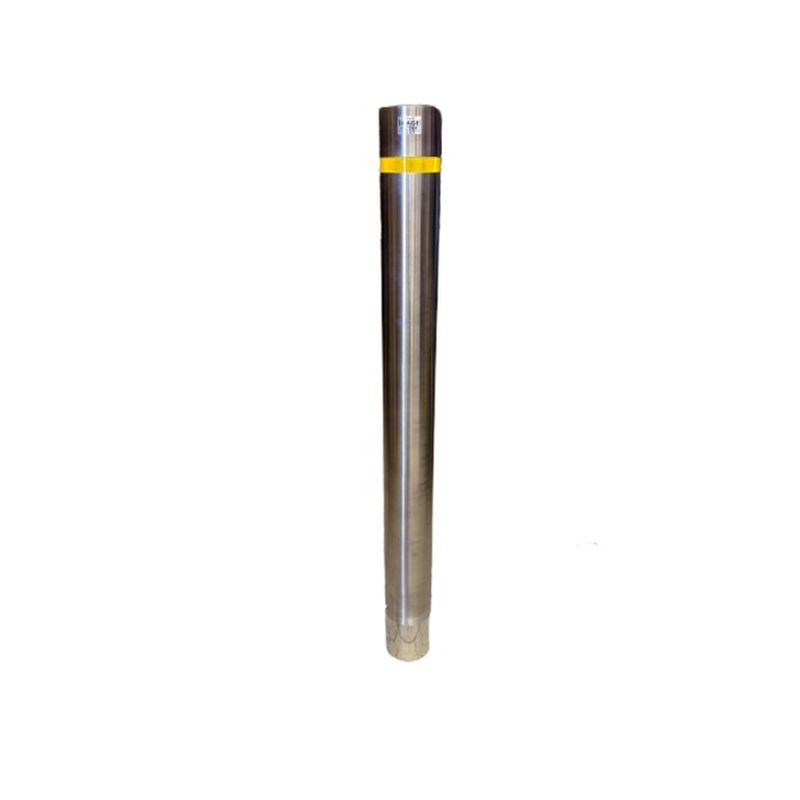 Stainless steel bollard with yellow reflective tape, part of a security and traffic management system for pedestrian safety and access control.