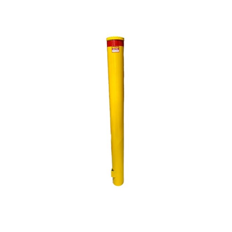 Yellow bollard post with a red top. Safety equipment for traffic control and pedestrian safety. Steel pipe for security and protection.