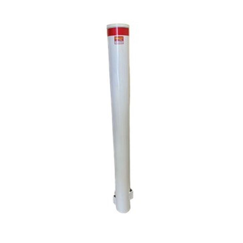 White flexible bollard with red top. Safety bollards are used to guide traffic and prevent vehicle access.