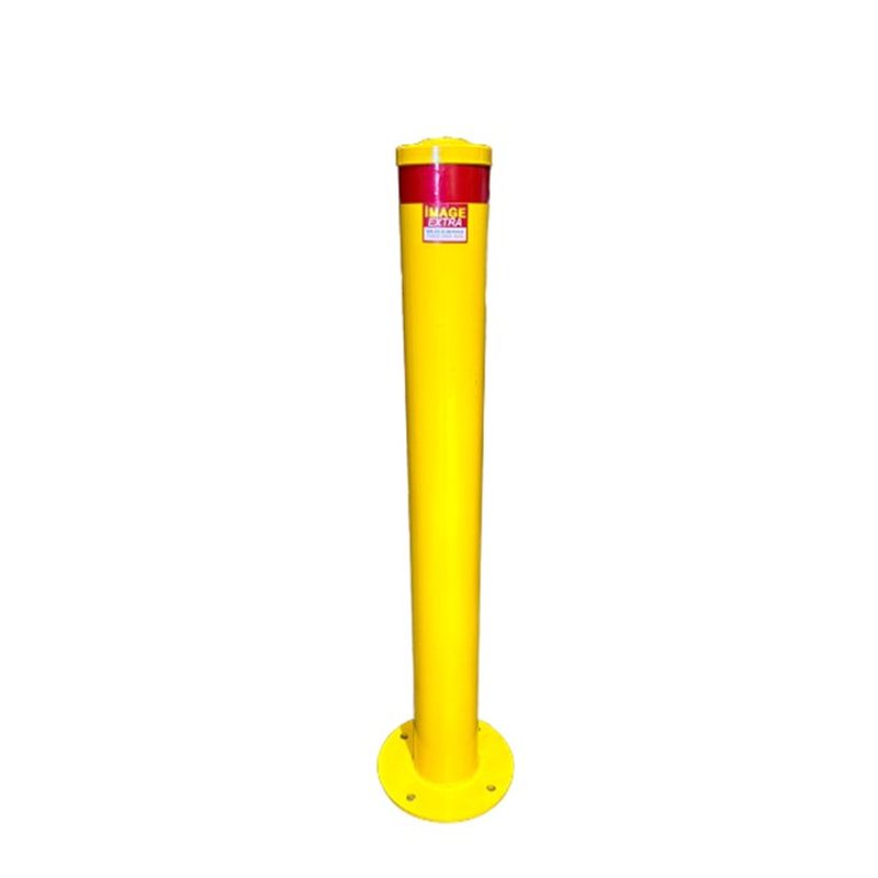 Yellow bollard post with red top. Safety equipment for traffic control and pedestrian safety. Protective barrier, security bollard.