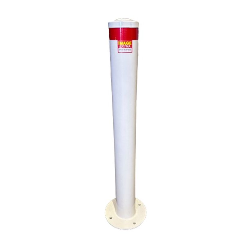 White bollard post with red top. Safety bollard for traffic control and pedestrian safety. Protective barrier post for parking and security.