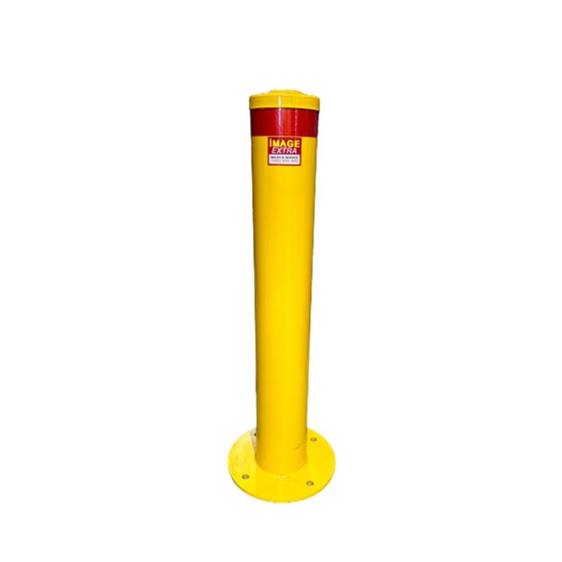 Yellow safety bollard post with red reflective band and a base plate with bolt holes for secure installation, ideal for traffic control.