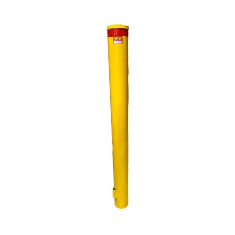 Yellow bollard post with red top, safety equipment for traffic control and parking, industrial safety product, steel bollard, security.