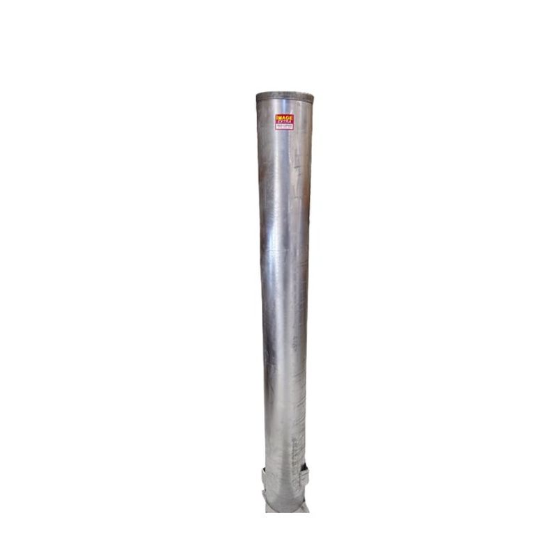 Galvanized steel bollard post with a flat top and a red label near the top, used for traffic control and security.