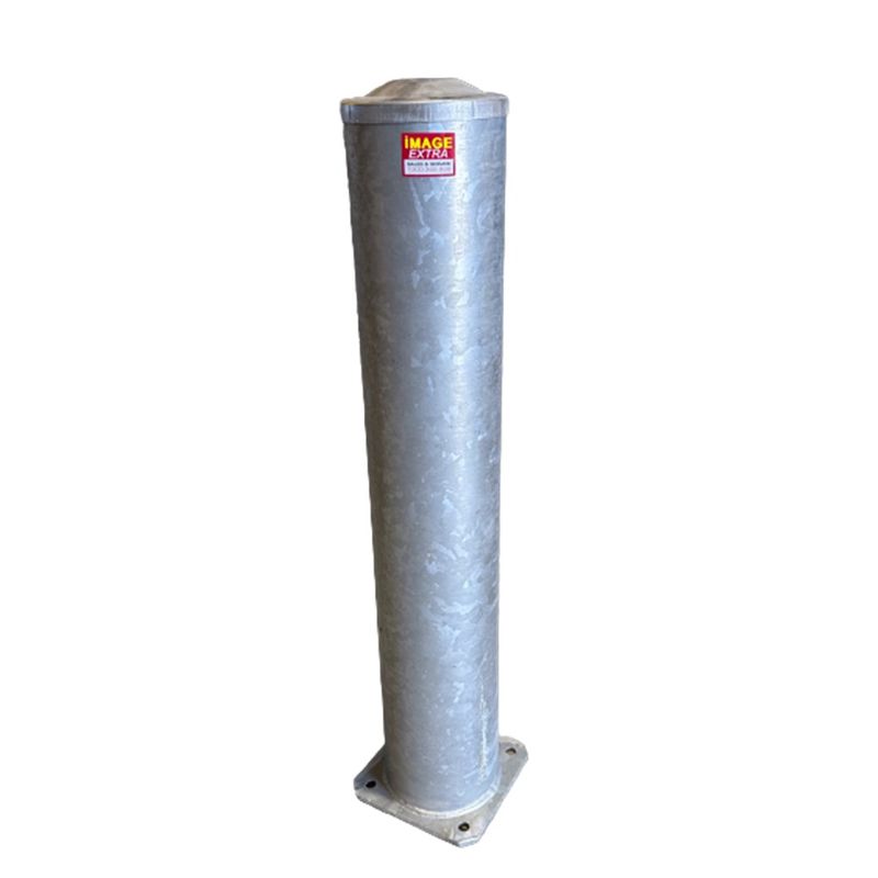 d219sm1200g Dugite 219mm x 1200mm Surface Mount Bollard Galvanised 2 Galvanized steel bollard with a flat cap and a square base. A red sticker with IMAGE EXTRA is affixed to the upper portion of the bollard.