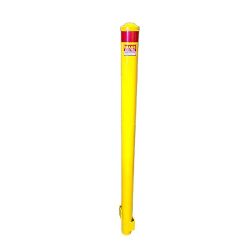 Yellow bollard post with red accent, safety equipment for traffic control and parking. Protective barrier, metal construction.