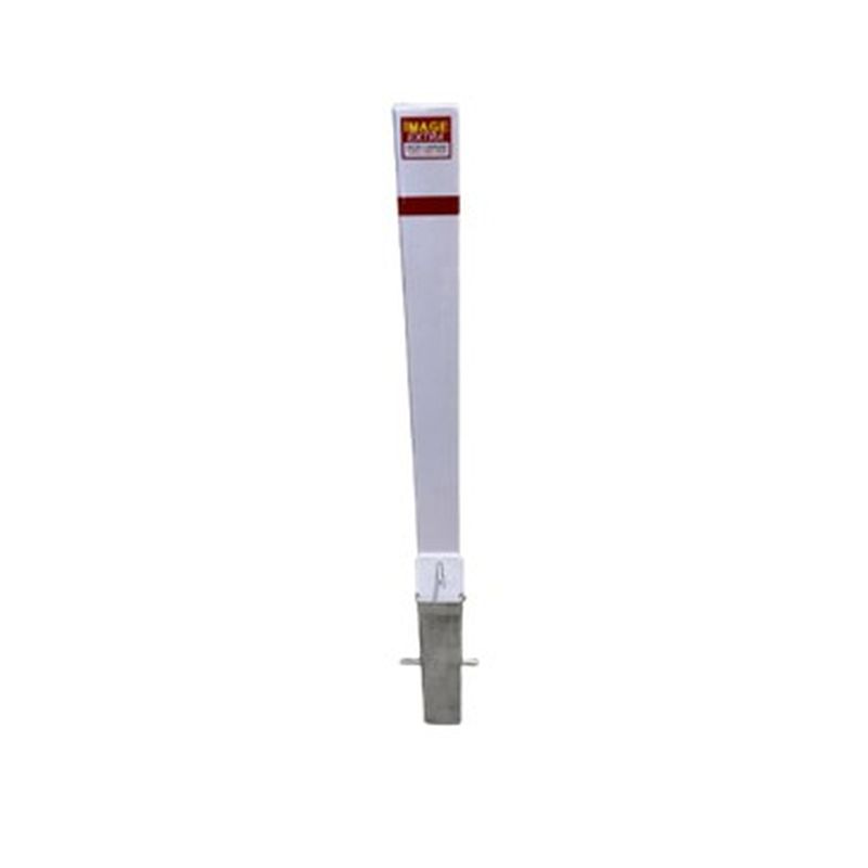 White bollard post with red stripe and logo at top, metal base, for traffic control and parking lot safety, isolated on white.
