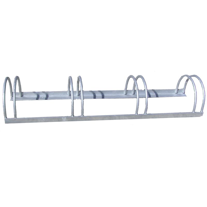 Galvanized steel bike rack with four slots. Outdoor bicycle parking equipment for public spaces.