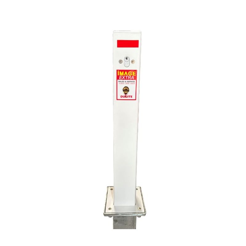 Dugite intercom system. White intercom post with red stripe, camera, and speaker. Security access control system for buildings and gated communities.