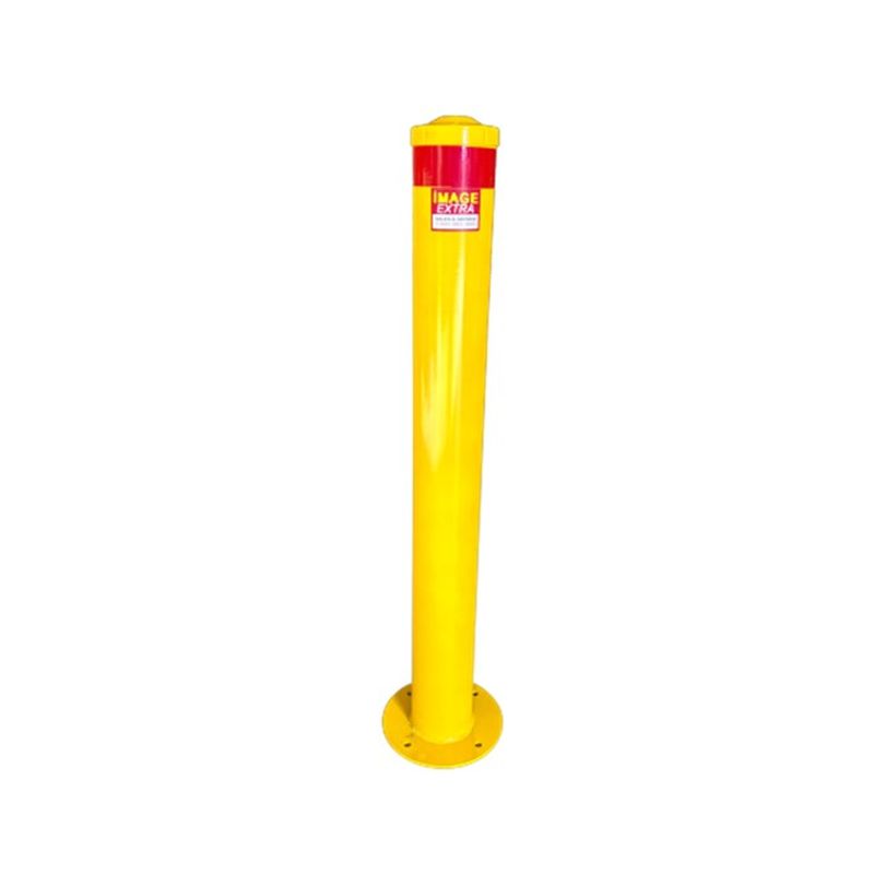 de114sm1000sy Dugite Economy 114mm x 1000mm Surface Mount Bollard Safety Yellow 3 Yellow bollard post with red top and Image Extra label, used for traffic and pedestrian safety, mounted on a circular base.