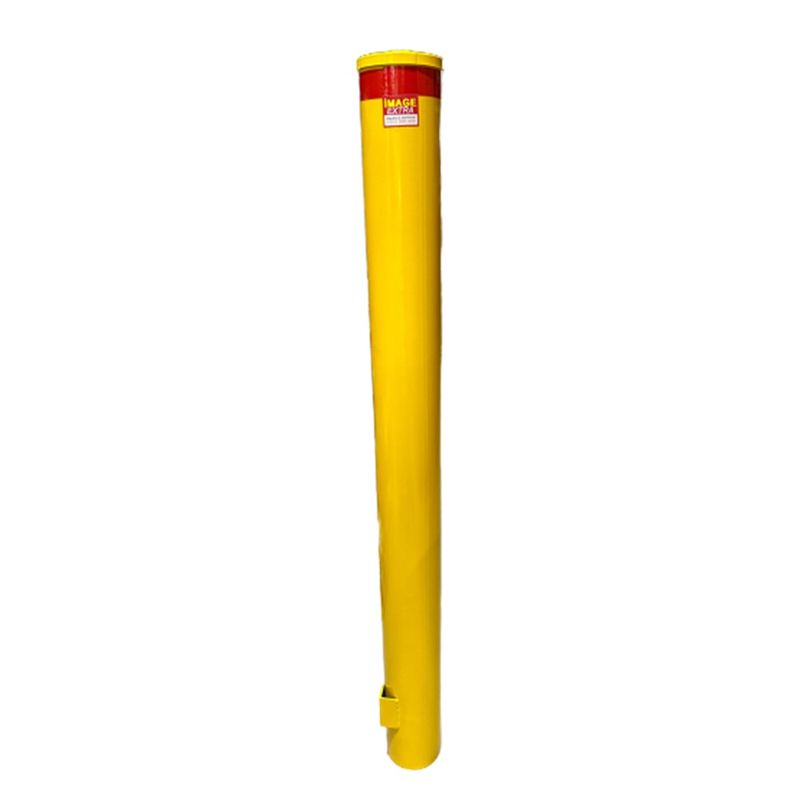 de165ig1800sy Dugite Economy 165mm x 1800mm In Ground Bollard Safety Yellow 8 Yellow bollard post with a red top. Safety equipment for traffic control and pedestrian safety. Steel pipe for building protection and security.