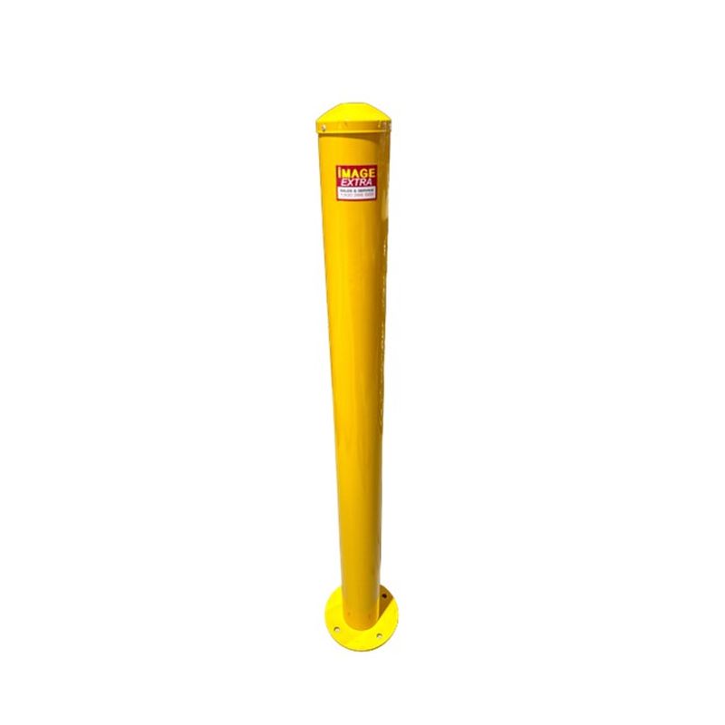 Bright yellow safety bollard. Steel pipe bollard with a flat top and a round base. Protective safety equipment for traffic control and asset protection.