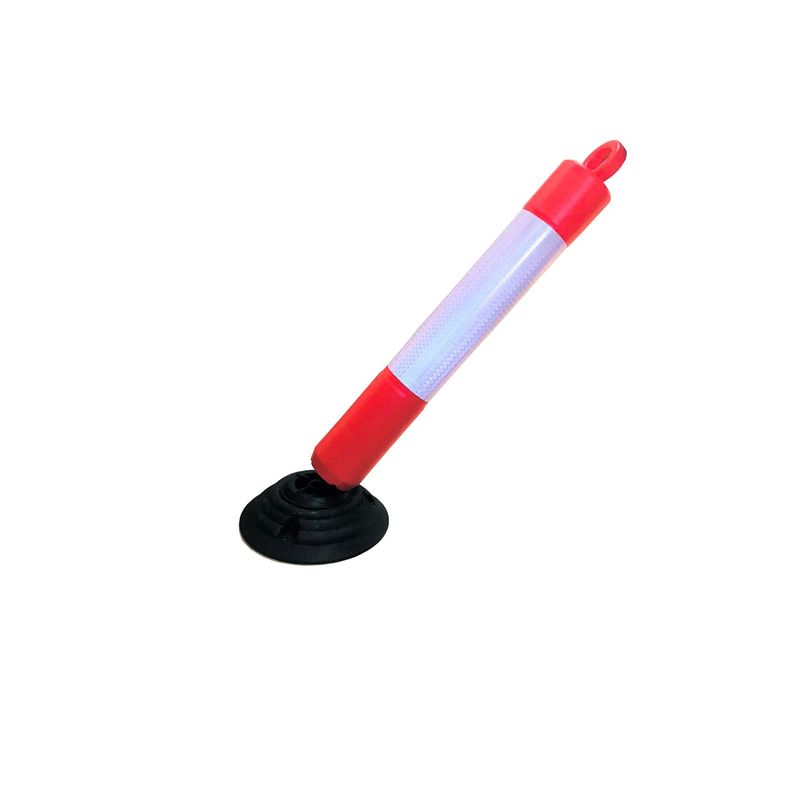 dkd800r Dugite 800mm Knock Down Bollard 2 Piece with Ring 2 Traffic cone with red ends and a reflective white center, mounted on a black rubber base. Safety equipment for road work or parking.