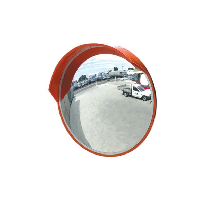 dm800od Convex Mirror 800mm 1 Convex security mirror with orange frame, reflecting a parking lot with cars and a small truck, enhancing safety and visibility.