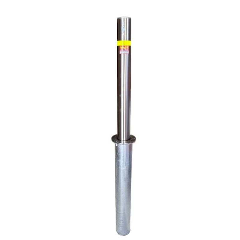 Silver-colored metal bollard. The bollard is cylindrical and has a yellow reflective stripe near the top. Security bollard for traffic control.