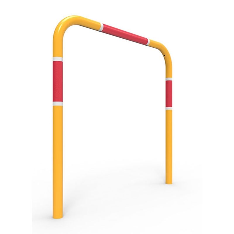 dpr1500ig Dugite Pedestrian Rail 1500mm 3 Yellow and red safety bollard. Metal barrier with red reflective tape. Protective street furniture for pedestrian safety and traffic control.