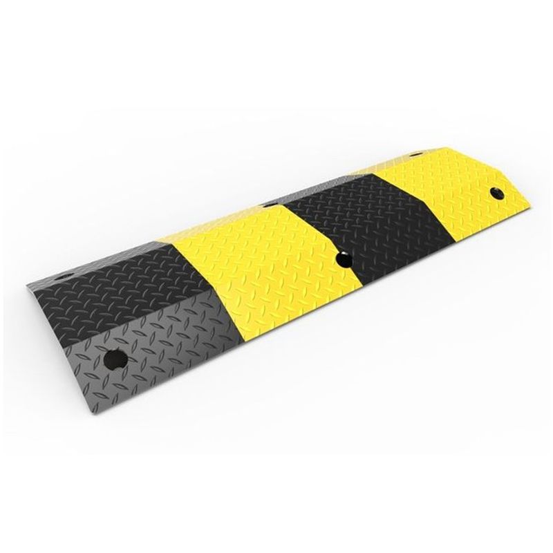 dsh1ms Dugite Standard Duty Steel Speed Hump 1m Body Length 5 Black and yellow striped speed bump. Diamond plate texture. Road safety equipment for traffic calming. Durable parking lot speed bump.