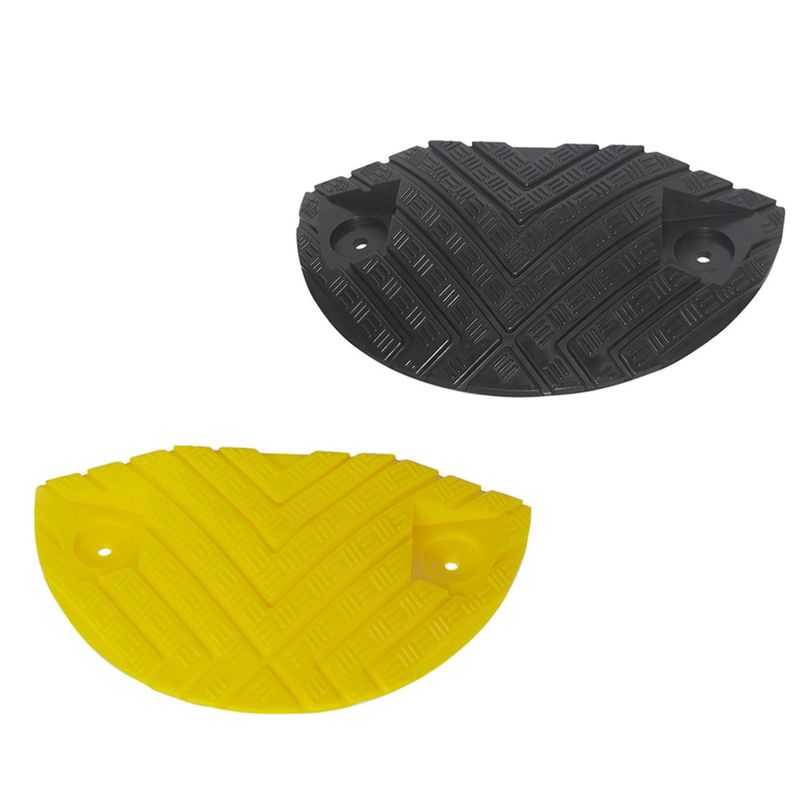 Image of a black and yellow rubber cable protector ramp. The cable protector ramp is a safety device used to protect cables from damage.