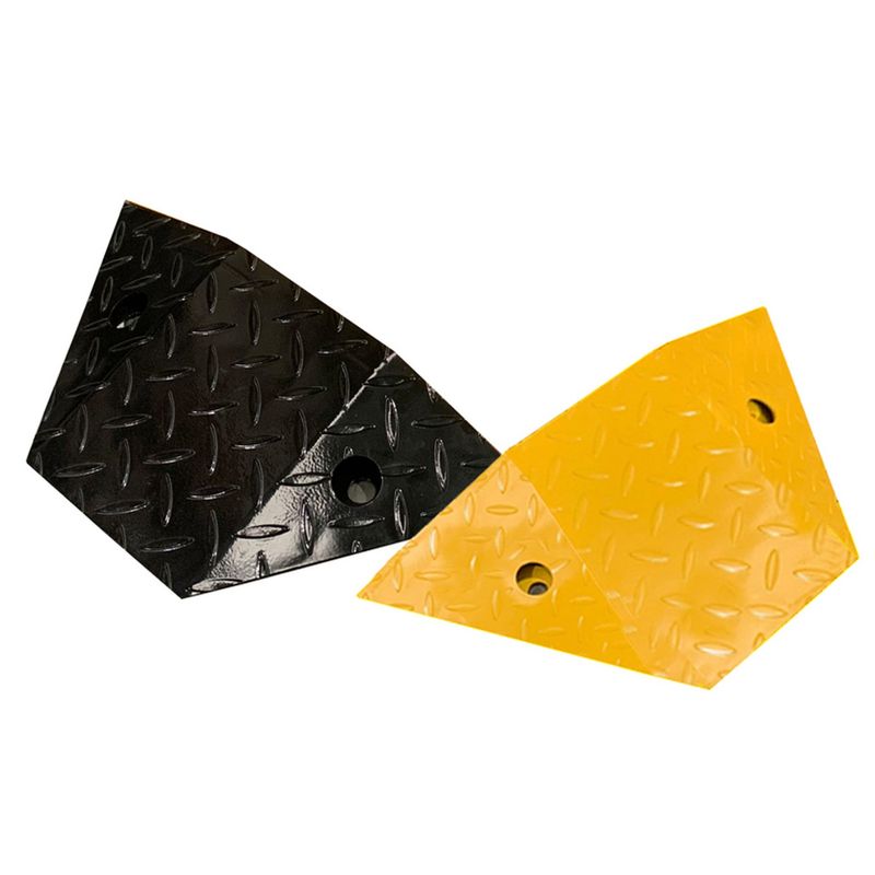 dshecs Dugite Steel Speed Hump End Cap Pair Yellow and Black 6 Black and yellow metal wheel chock. Diamond plate pattern with mounting holes. Heavy duty vehicle or trailer wheel chock.
