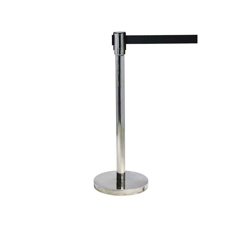 Chrome stanchion with a black retractable belt. Metal pole with a round base and a black belt extending from the top. Crowd control barrier.