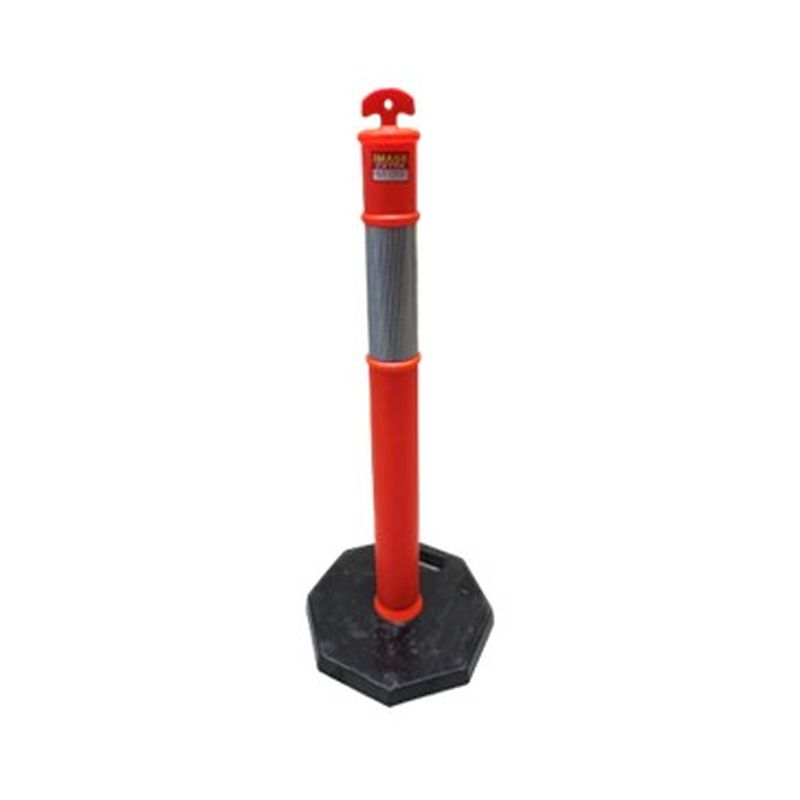 Orange and gray delineator post with black base. Traffic safety equipment for road work, construction zones, and parking lots.