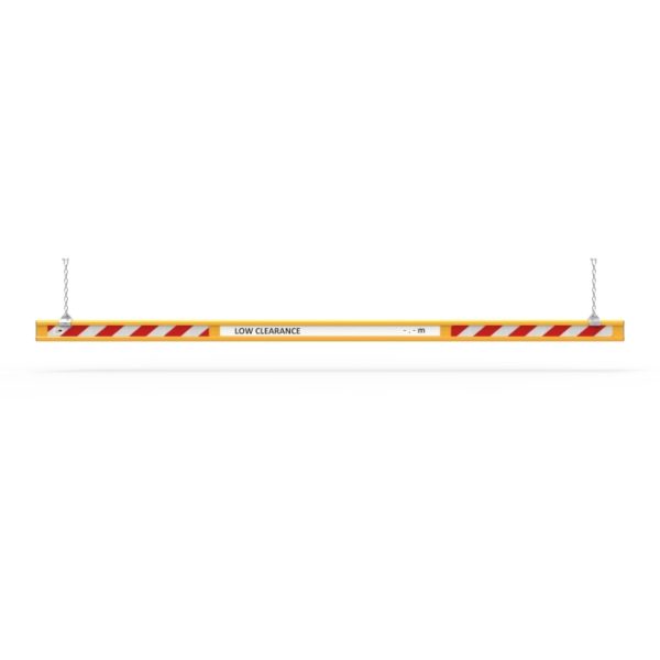 4m height bar Height Bar 4 Metre - Powder Coated Aluminium 2 4 Metre powder-coated aluminium height bar. Yellow bar with red stripes, suspended by chains. Low clearance warning sign on the height bar.