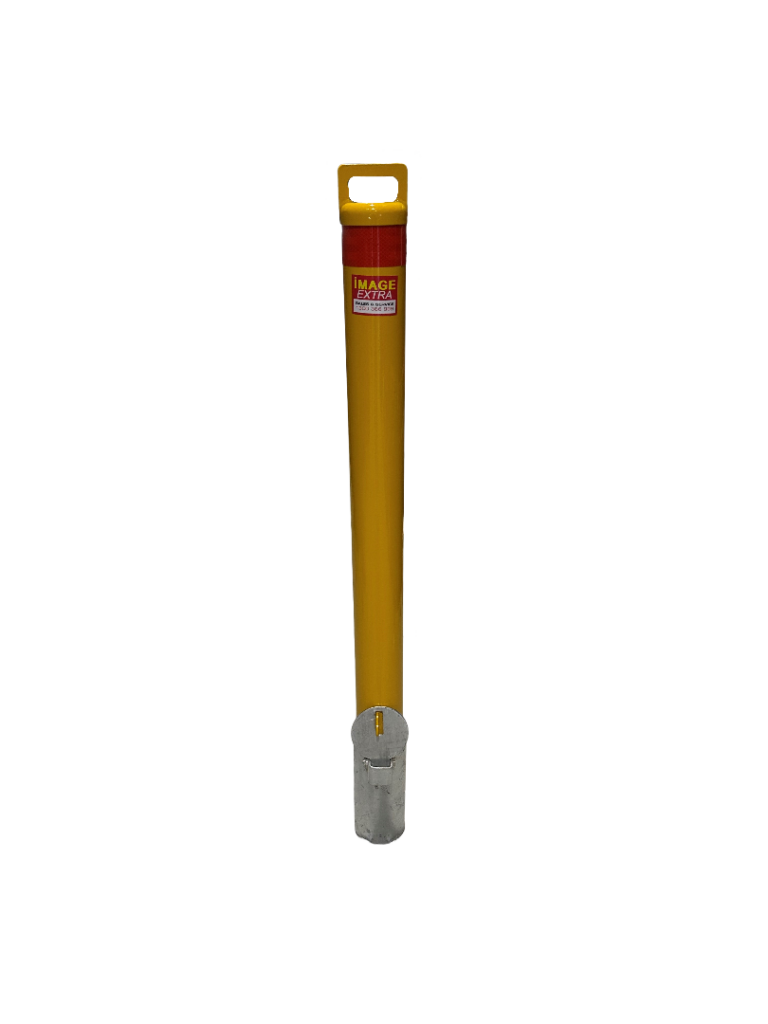 Dugite 140mm x 1200mm Padlock Removable Bollard Round Safety Yellow. Yellow bollard with silver base and handle on top.