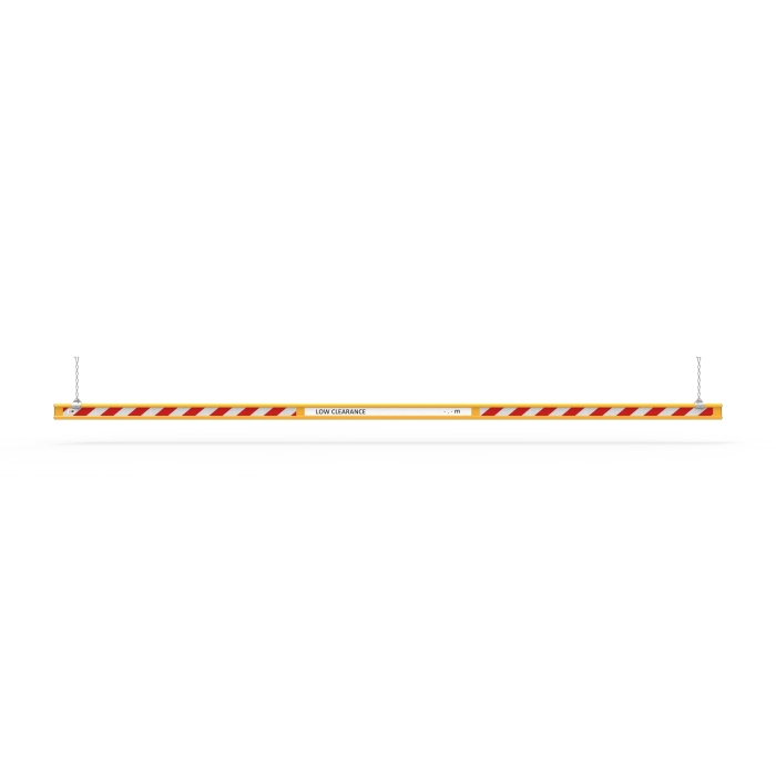 6m Height Bar Height Bar 6 Metre - Powder Coated Aluminium 4 6 Metre Height Bar. Powder-coated aluminium height restriction barrier with red and white stripes, suspended by chains. Low clearance warning.