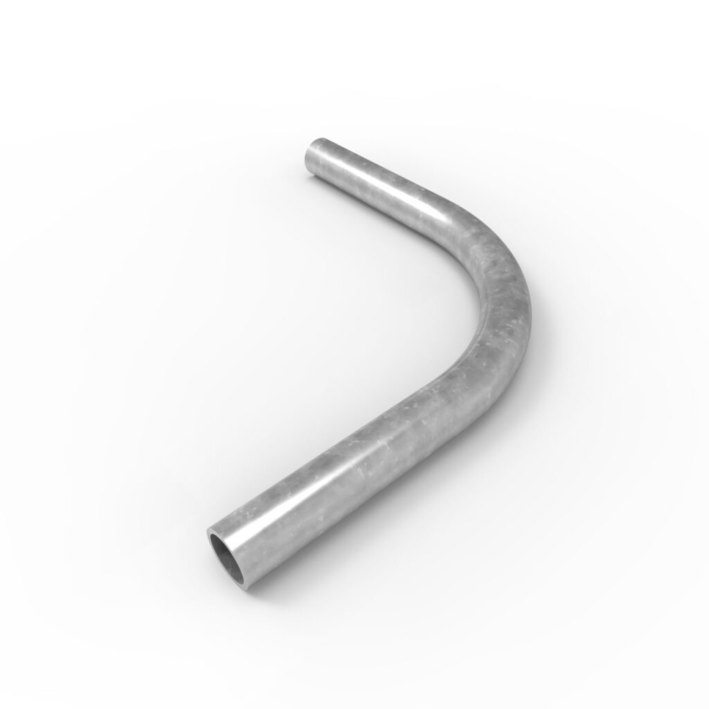 BFB25 Ball Fence Knee Rail Corner - Galvanised 11 Galvanised ball fence knee rail corner. Metal tube bent at a curve for use in fencing or barrier systems. Corner component for knee rail fencing.