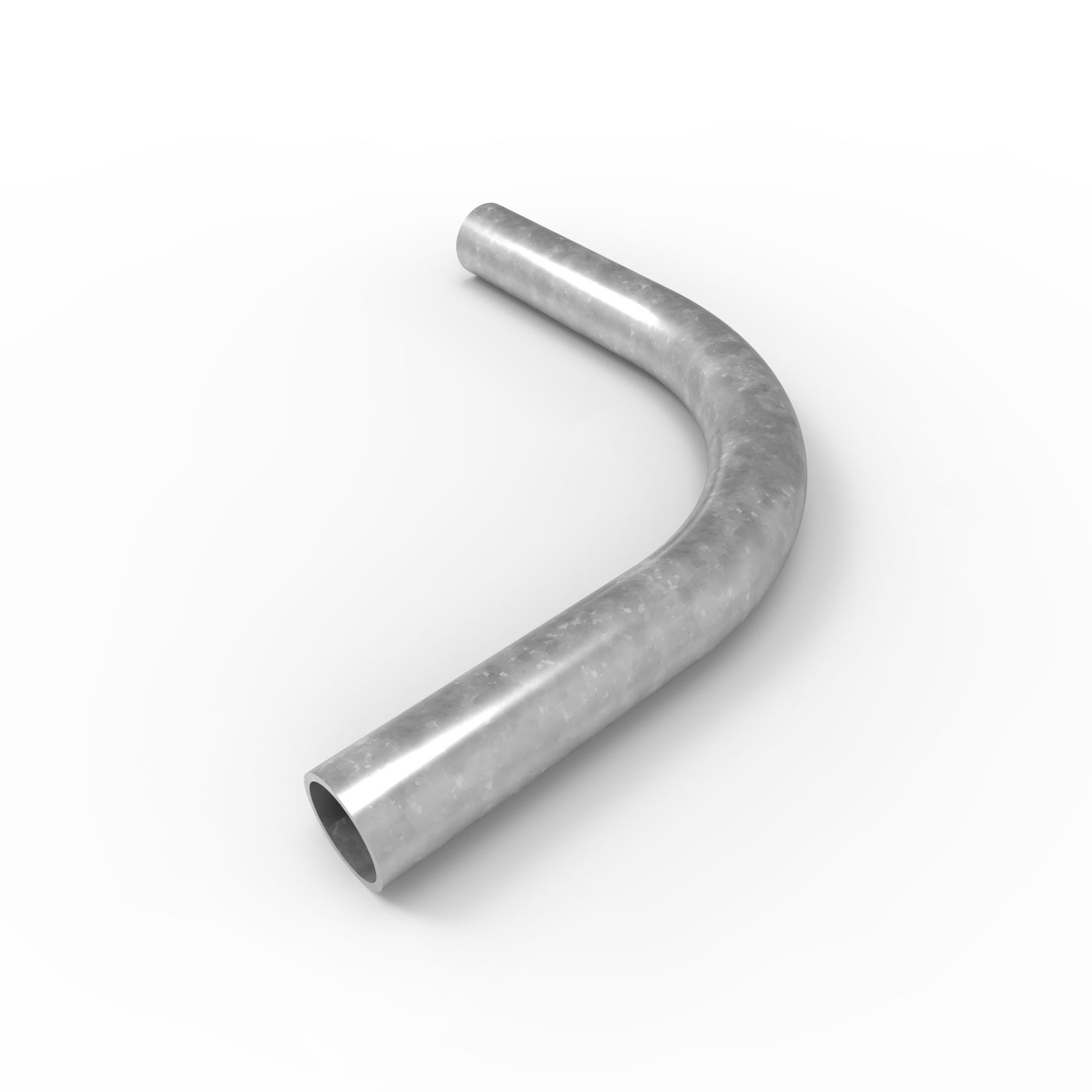 BFB32 1 Ball Fence Handrail Corner - Galvanised 1 Galvanised ball fence handrail corner. Metal pipe with a curved, 90-degree angle. Component for railings, providing safety and support.