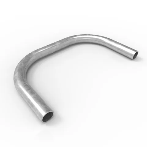 Galvanised ball fence horizontal closure bend. Metal tube with two curved sections. Component for fencing, providing a smooth, secure barrier.