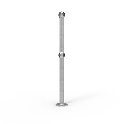 Galvanised ball fence corner post, surface mounted. Metal post with rounded top and base plate for secure installation.