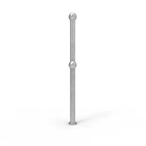 Galvanised ball fence end post below ground. Metal barrier post with a spherical top and a round base. Outdoor safety and security fencing.