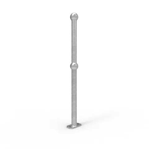 Galvanised steel ball fence end post, surface mounted. Metal post with ball detail at top and middle, and a flat base with bolt holes.