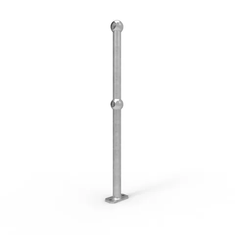 Galvanised ball fence through post, surface mounted. Metal post with ball detail, secured to a flat surface. Street furniture and safety barrier.