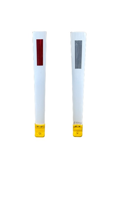 Two Surface Mount Steel Flex 950mm Posts with Red and White Delineators. Steel flex post delineators are white with yellow bases.