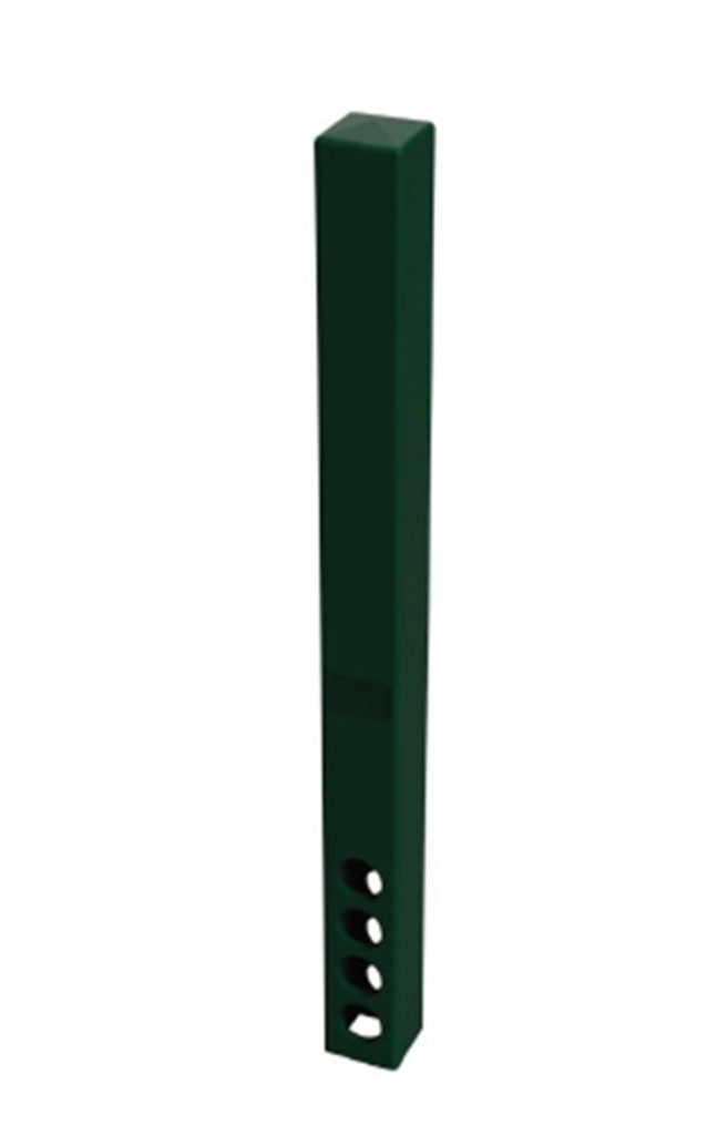 BO145 1500B image 7 Non Conductive Bollard 145mm Square 6 Dark green non conductive bollard, 145mm square, with four round holes near the base, standing upright on a white background.